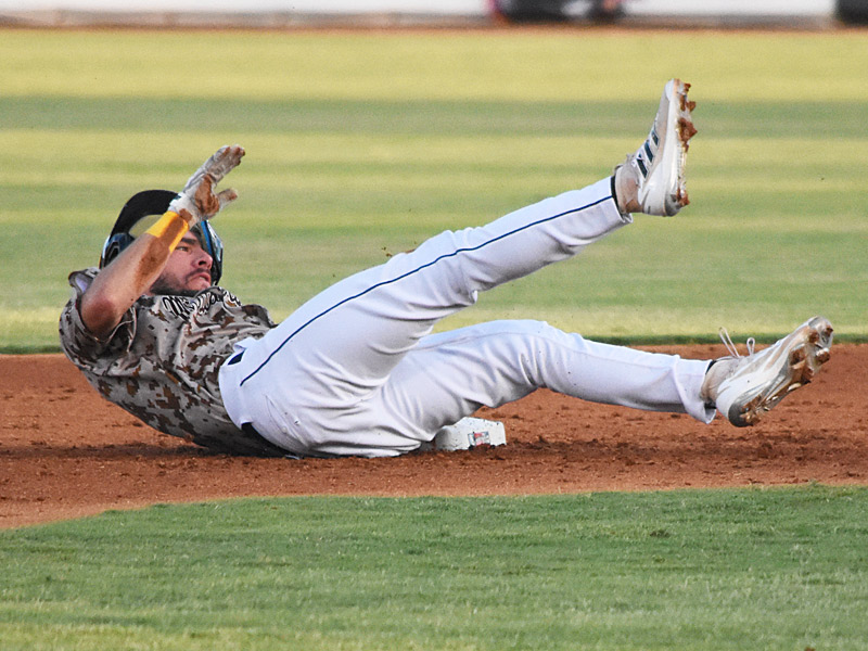 Connor Hollis is safe stealing second base after getting tangled up with a Midland infielder on his slide. The San Antonio Missions beat the Midland RockHounds 1-0 on Friday, Aug. 18, 2023, at Wolff Stadium. - photo by Joe Alexander