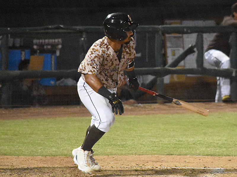 Juan Zabala watches the ball carry to the outfield on his sacrifice fly that drove home the only run of the game. The San Antonio Missions beat the Midland RockHounds 1-0 on Friday, Aug. 18, 2023, at Wolff Stadium. - photo by Joe Alexander