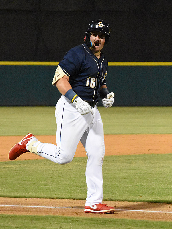 Nathan Martorella celebrates his eighth-inning home run that gave the Missions a 7-5 lead. The San Antonio Missions beat the Springfield Cardinals 7-6 on Saturday, Sept. 16, 2023, at Wolff Stadium. - photo by Joe Alexander