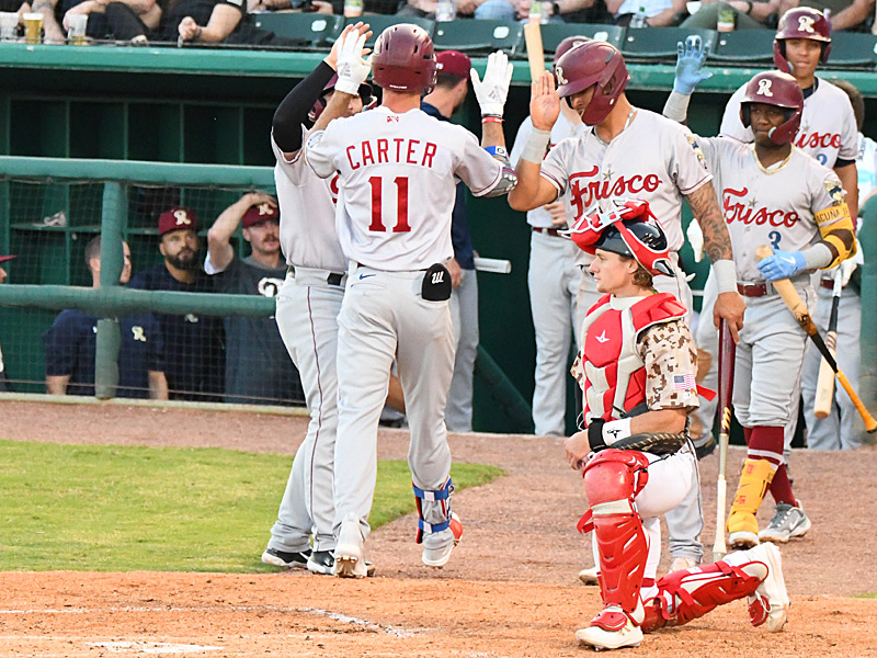 Then-Texas Rangers prospect Evan Carter hits the first of his two home runs on the night for the Frisco Rough Riders against the San Antonio Missions on April 12, 2023, at Wolff Stadium. - photo by Joe Alexander