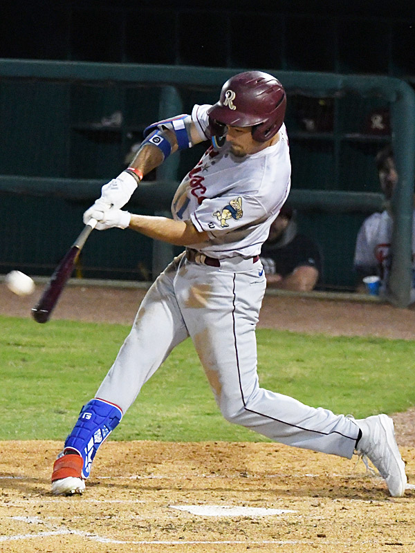 Then-Texas Rangers prospect Evan Carter hits the first of his two home runs on the night for the Frisco Rough Riders against the San Antonio Missions on April 12, 2023, at Wolff Stadium. - photo by Joe Alexander