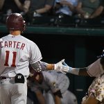 Then-Texas Rangers prospect Evan Carter hits the second of his two home runs on the night for the Frisco Rough Riders against the San Antonio Missions on April 12, 2023, at Wolff Stadium. - photo by Joe Alexander