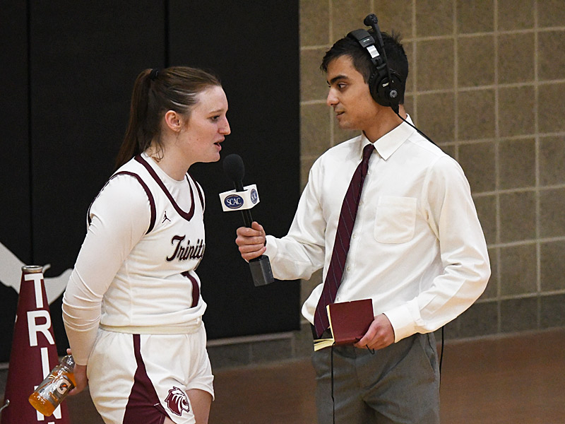 Jamie Ruede, who led Trinity with 16 points, does a postgame interview. Trinity women's basketball beat St. Thomas 83-39 an SCAC game on Friday, Jan. 12, 2024, at Calgaard Gym. - photo by Joe Alexander