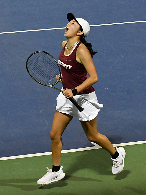 Ruth Hill won an emotional come-from-behind victory at No. 1 singles in Trinity's home opener against OLLU on Friday, Feb. 9, 2024. - photo by Joe Alexander