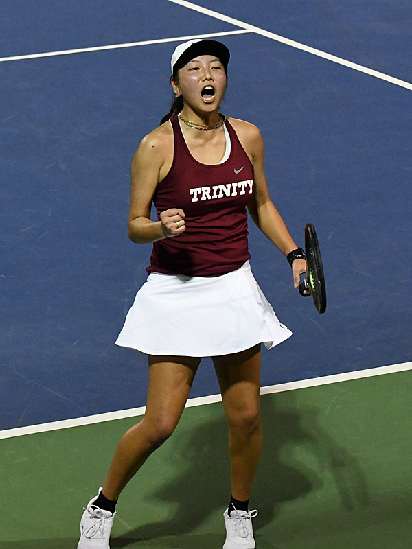 Ruth Hill won an emotional come-from-behind victory at No. 1 singles in Trinity's home opener against OLLU on Friday, Feb. 9, 2024. - photo by Joe Alexander
