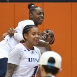 UTSA's Jordyn Jenkins celebrates after a victory over UAB in American Athletic Conference women's basketball on Feb. 11, 2024, at the Convocation Center. - photo by Joe Alexander