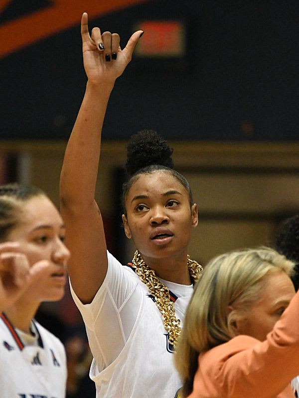 UTSA's Elyssa Coleman celebrates a victory over Wichita State in American Athletic Conference women's basketball on Jan. 6, 2024, at the Convocation Center. - photo by Joe Alexander