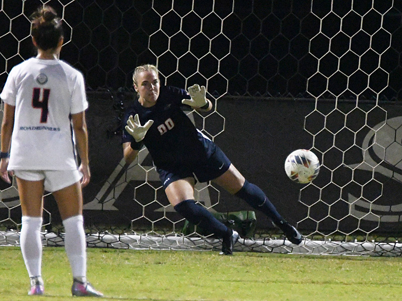 UTSA goaltender Jasmine Kessler made a save on a penalty kick with one second left on the game clock in the Roadrunners' 1-0 victory over Lamar on Sunday at Park West Athletics Complex. - photo by Joe Alexander