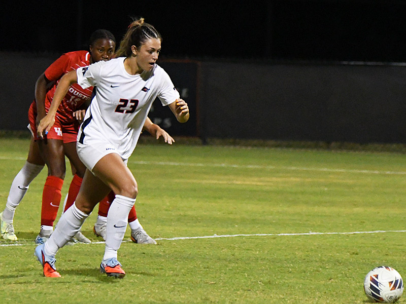 Brooklyn Bailey takes a penalty kick in the final minute as UTSA tied with Houston 0-0 in the women's soccer season opener on Thursday night, Aug. 14, 2025, at Park West Athletics Complex. - photo by Joe Alexander