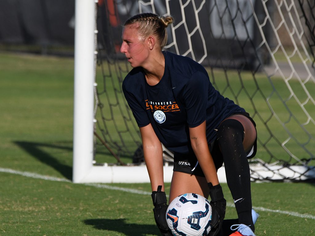 UTSA goalkeeper Brilynn Mueller in pregame warmups at Sunday's exhibition against A&M-Corpus Christi at UTSA Park West. - photo by Joe Alexander