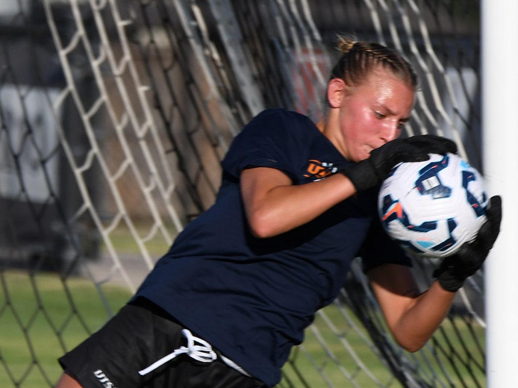 UTSA goalkeeper Brilynn Mueller in pregame warmups at Sunday's exhibition against A&M-Corpus Christi at UTSA Park West. - photo by Joe Alexander