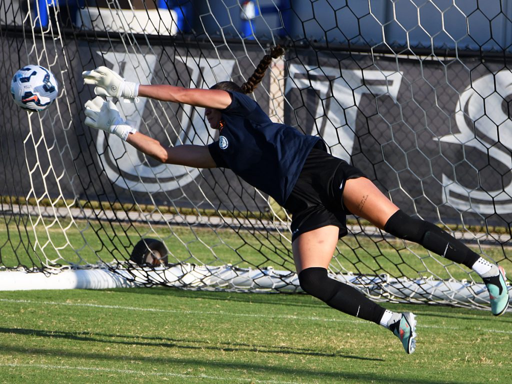 UTSA goalkeeper Jaelyn Bracamonte in pregame warmups at Sunday's exhibition against A&M-Corpus Christi at UTSA Park West. - photo by Joe Alexander
