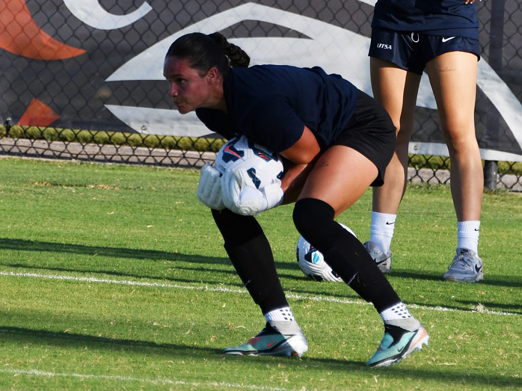UTSA goalkeeper Jaelyn Bracamonte in pregame warmups at Sunday's exhibition against A&M-Corpus Christi at UTSA Park West. - photo by Joe Alexander