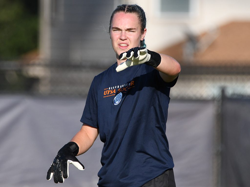 UTSA goalkeeper Jasmine Kessler in pregame warmups at Sunday's exhibition against A&M-Corpus Christi at UTSA Park West. - photo by Joe Alexander