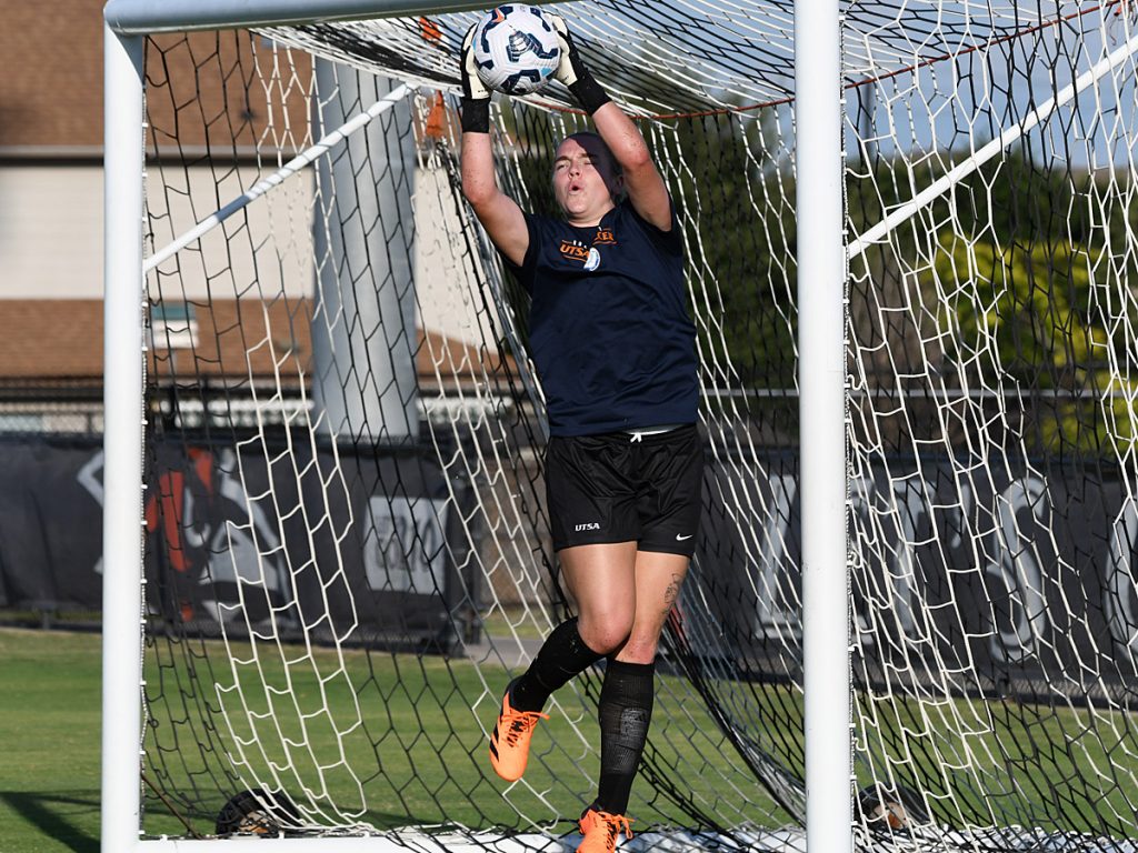 UTSA goalkeeper Jasmine Kessler in pregame warmups at Sunday's exhibition against A&M-Corpus Christi at UTSA Park West. - photo by Joe Alexander