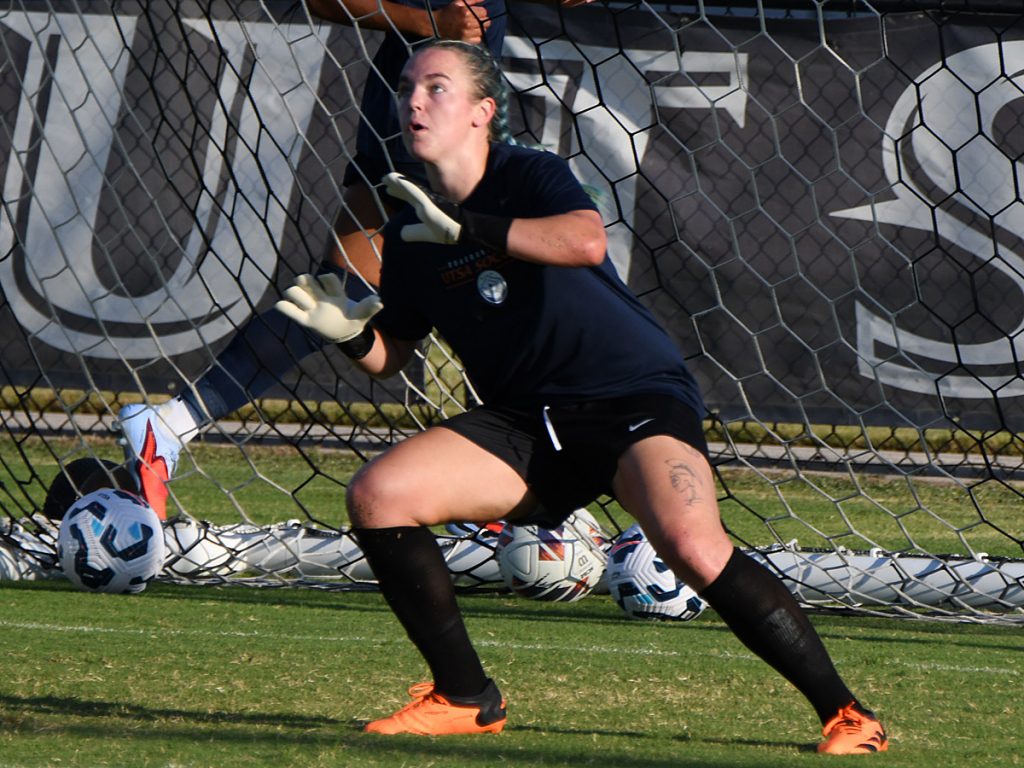 UTSA goalkeeper Jasmine Kessler in pregame warmups at Sunday's exhibition against A&M-Corpus Christi at UTSA Park West. - photo by Joe Alexander