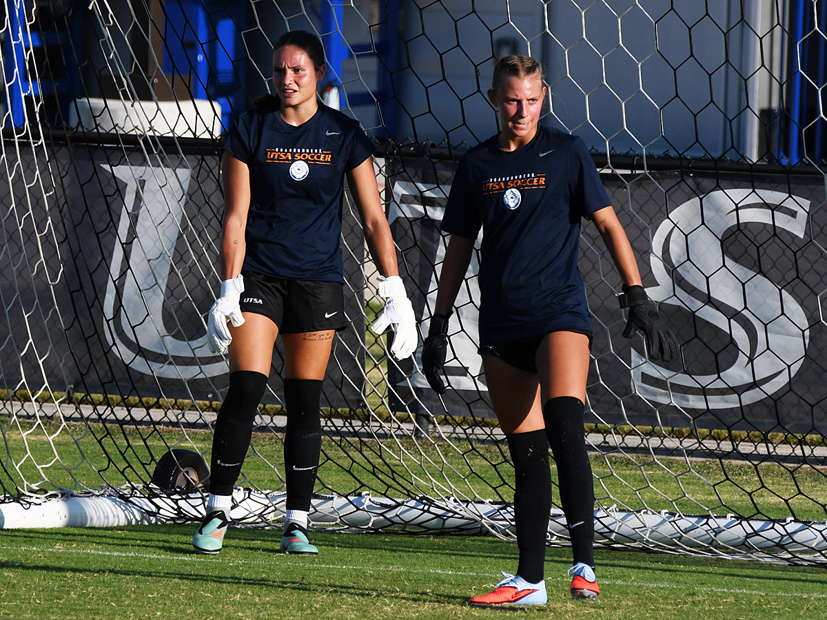 UTSA freshman goalkeepers Jaelyn Bracamonte (left) and Brilynn Mueller warm up before Sunday's women's soccer exhibition game against A&M-Corpus Christi at UTSA Park West. - photo by Joe Alexander