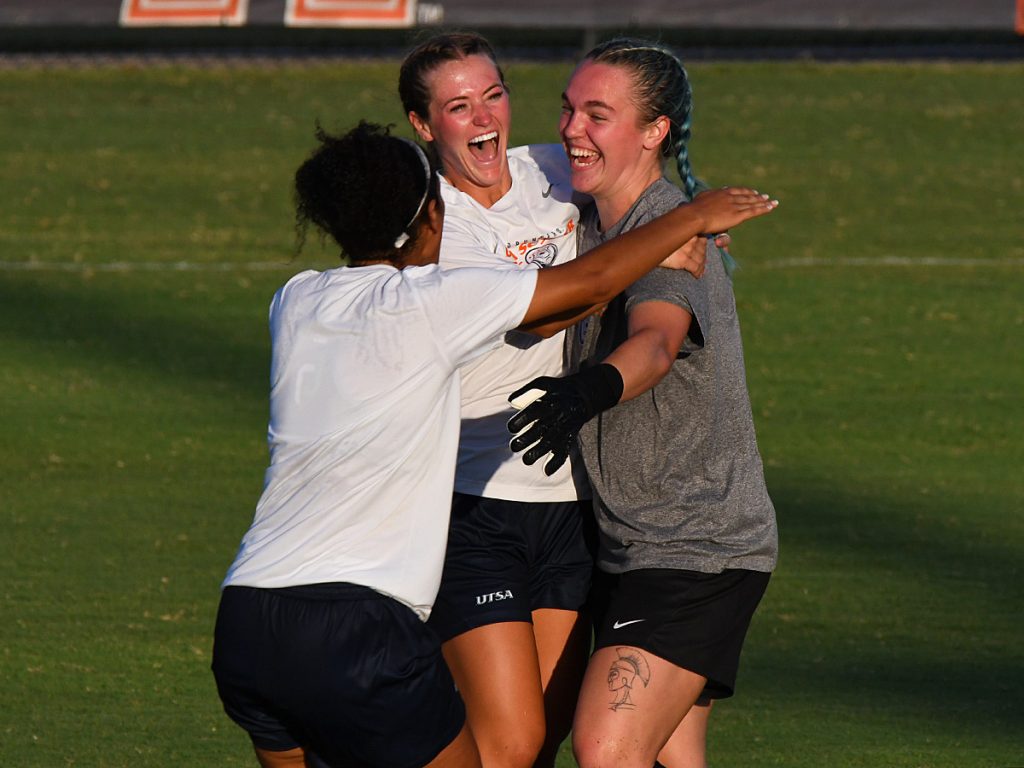 UTSA players celebrate after Roadrunners goalkeeper Jasmine Kessler scored UTSA's first goal in the fourth minute in a 6-0 exhibition victory over A&M-Corpus Christi on Sunday, Aug. 3, 2025, at Park West. - photo by Joe Alexander