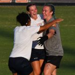 UTSA players celebrate after Roadrunners goalkeeper Jasmine Kessler scored UTSA's first goal in the fourth minute in a 6-0 exhibition victory over A&M-Corpus Christi on Sunday, Aug. 3, 2025, at Park West. - photo by Joe Alexander