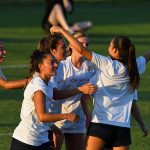 UTSA players celebrate after Brooklyn Bailey scored UTSA's second goal in the 22nd minute in a 6-0 exhibition victory over A&M-Corpus Christi on Sunday, Aug. 3, 2025, at Park West. - photo by Joe Alexander