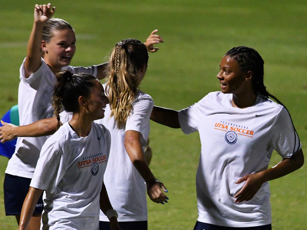 UTSA players celebrate after Brooklyn Bailey scored UTSA's fifth goal in the 67th minute in a 6-0 exhibition victory over A&M-Corpus Christi on Sunday, Aug. 3, 2025, at Park West. - photo by Joe Alexander
