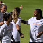 UTSA players celebrate after Brooklyn Bailey scored UTSA's fifth goal in the 67th minute in a 6-0 exhibition victory over A&M-Corpus Christi on Sunday, Aug. 3, 2025, at Park West. - photo by Joe Alexander