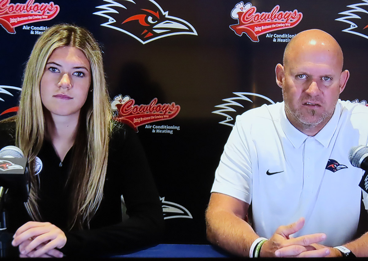 UTSA women's soccer senior Zoe May and coach Derek Pittman during their first news conference of the season on Monday on ESPN+.