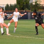 Aaliyaiah Durden watches her header sail into the goal. UTSA women's soccer beat St. Mary's 3-0 on Thursday, Aug. 21, 2025, at Park West Athletics Complex. - photo by Joe Alexander