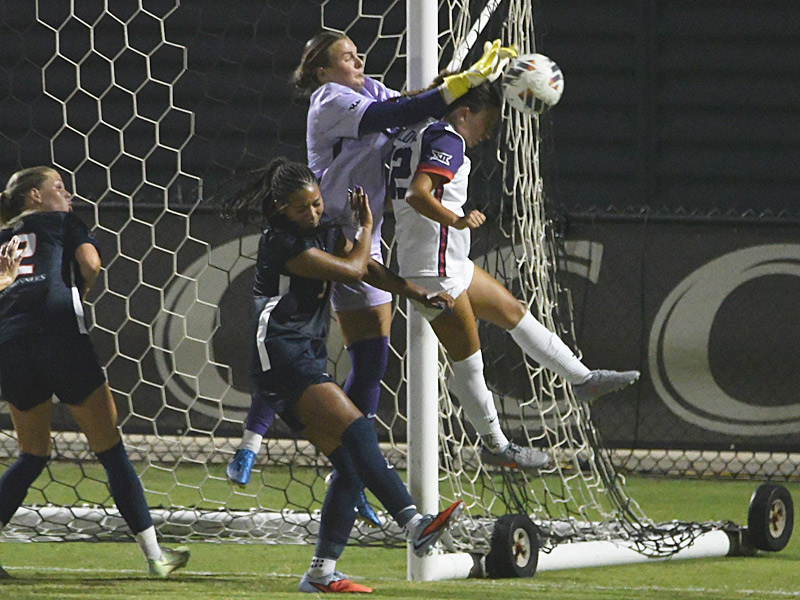 TCU's goalkeeper Olivia Geller fends off a shot in the second half of the Frogs' 1-0 victory over UTSA on Sunday, Aug. 17, 2025, at Park West Athletics Complex. - photo by Joe Alexander
