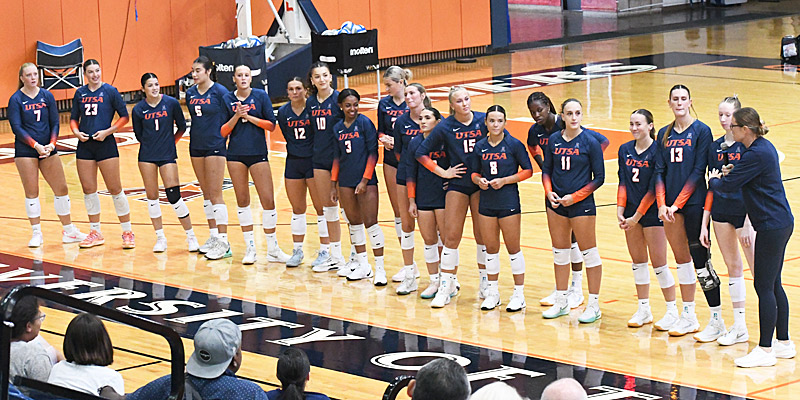 The 2025 UTSA volleyball players are introduced to fans on Friday night's scrimmage at the Convocation Center. - photo by Joe Alexander