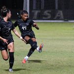 Izzy Lane had the assist as UTSA senior Kameron Kloza scored the Roadrunners' second goal in Thursday's 2-1 women's soccer victory over South Florida at Park West. - photo by Joe Alexander