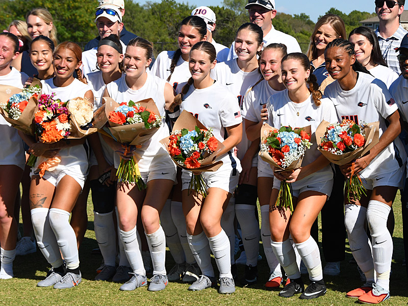 UTSA seniors Haley Lopez (from Left), Zoe May, Rylee Miller, Michelle Polo and Izzy Lane are honored after Sunday's final home soccer game of the season at Park West. - Photo by Joe Alexander