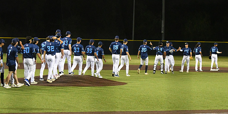 The San Antonio River Monsters celebrate after winning their Texas Collegiate League season opener on Tuesday, June 3, 2026, at UIW's Sullivan Field. - photo by Joe Alexander