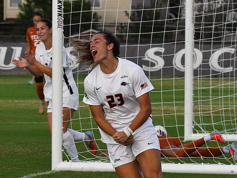 Brooklyn Bailey celebrates after scoring UTSA's goal in Wednesday's women's soccer exhibition against Texas at Park West. - photo by Joe Alexander