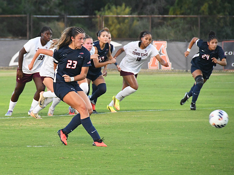 Brooklyn Bailey scored UTSA's first goal on a penalty kick in a 2-2 tie with Texas State in the women's soccer season opener on Wednesday at Park West. - photo by Joe Alexander