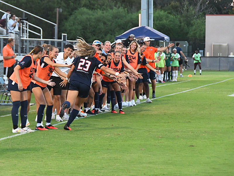 Brooklyn Bailey celebrates scoring UTSA's first goal in a 2-2 tie with Texas State in the women's soccer season opener on Wednesday at Park West. - photo by Joe Alexander