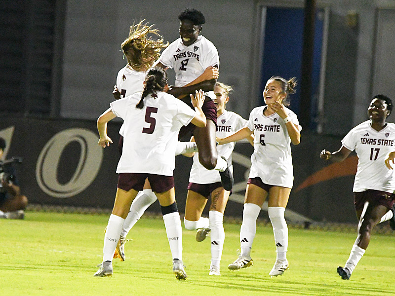 Nina Norshie (12) celebrates after scoring Texas State's second-half goal in a 2-2 tie with UTSA on Wednesday at Park West. - photo by Joe Alexander
