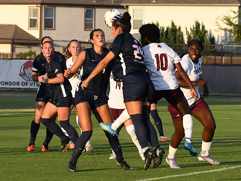 Aaliyaiah Durden, Sofia Peters. UTSA and Texas state tied 2-2 in the 2026 women's soccer season opener on Wednesday, Aug. 12, 2026, at Park West. - photo by Joe Alexander