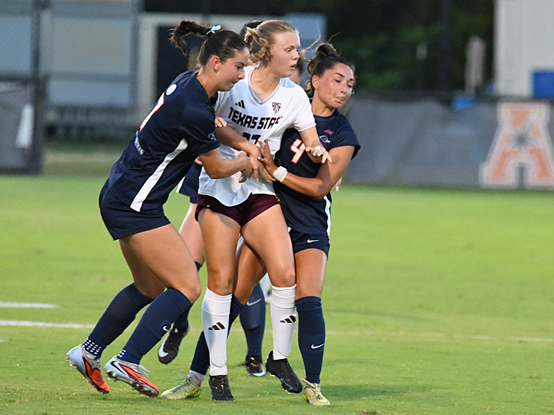 Ava Jackson, Leah Varela. UTSA and Texas state tied 2-2 in the 2026 women's soccer season opener on Wednesday, Aug. 12, 2026, at Park West. - photo by Joe Alexander