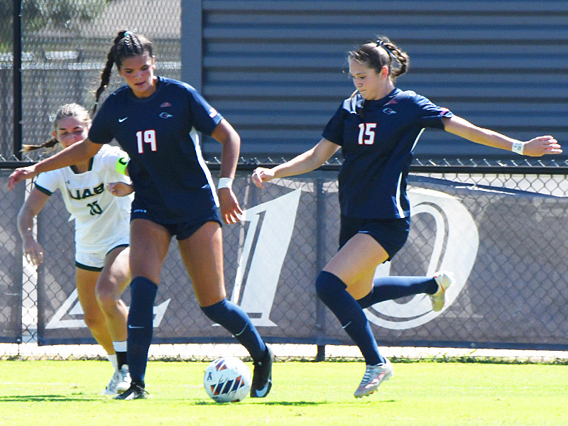 Isabel (15) and Sofia (19) Peters on defense in UTSA women's soccer's 2-1 victory over UAB on Sunday, Oct. 11, 2026, at Park West. - photo by Joe Alexander